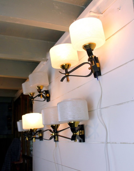 Image 1 of Pair of double wall sconces, Maison Arlus, Mid-Century, black brass opaline glass, France, 1950s