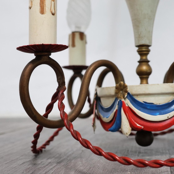 Image 1 of Lámpara de araña con globo aerostático de diseño francés Toleware, antigüedades modernas de los años 50