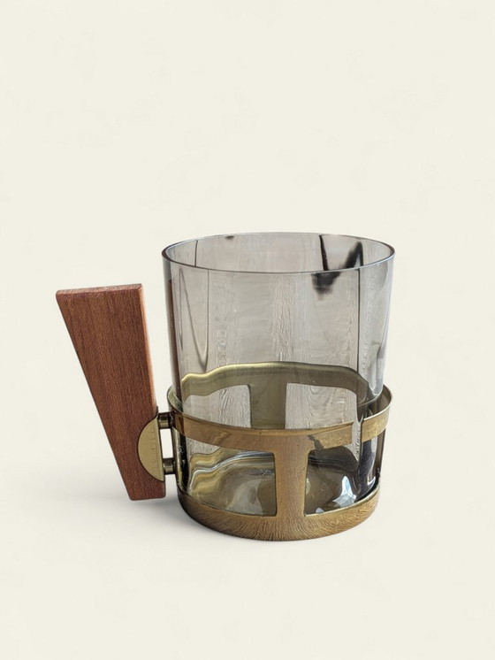 Image 1 of Raro set di punzoni vintage degli anni '30: vetro fumé, ottone e teak