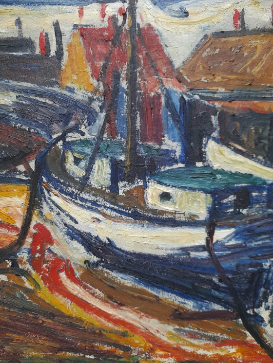 Image 1 of Expressionistisch schilderij van boten door Bent Kokkenberg