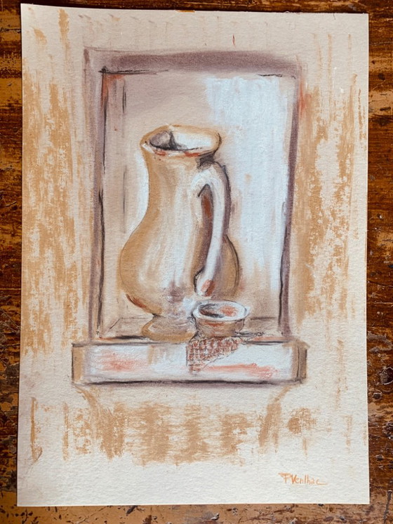 Signed Pastel Painting Still Life from Provence « Alcove with Jug », F. Venlhac, Paintings & Drawings, Paper (photo 2 of 10)