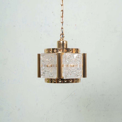 Vintage hanglamp messing & ijsglas, Vitrika glass pendant