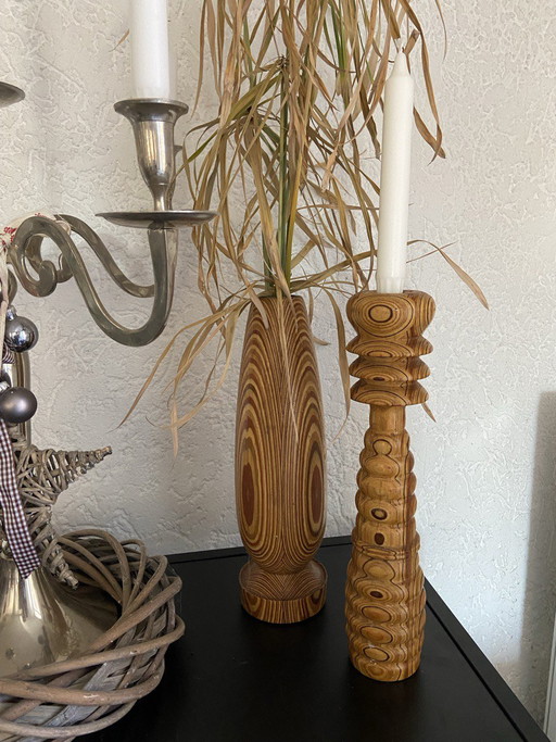 Vase décoratif rétro vintage, bougeoir, pièce rare et unique en bois faite à la main.