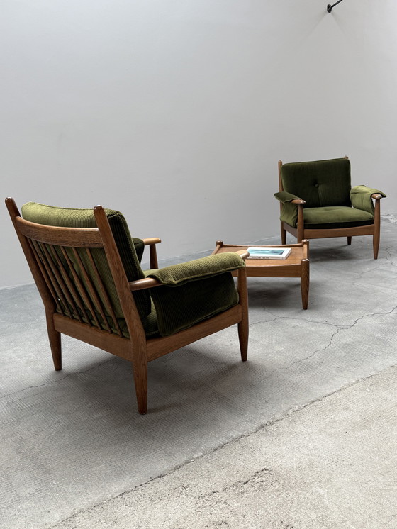 Image 1 of Lot de 2 fauteuils Wilhelm Knoll accoudoirs chêne bois massif velours vert, Allemagne années 1960