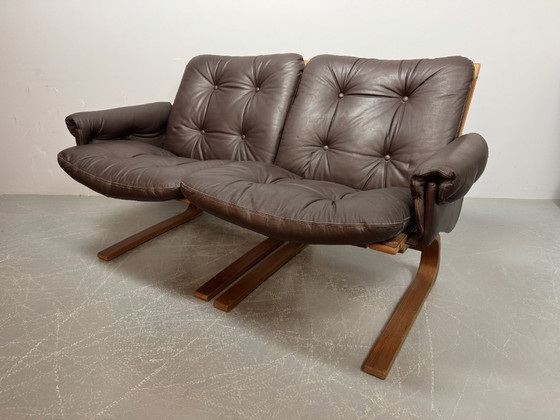Image 1 of Supercomfy Scandinavian Rybo Rykken Chocolate Brown Leather 2-Seater Lounge Sofa by Elsa and Nordahl Solheim, 1960s.