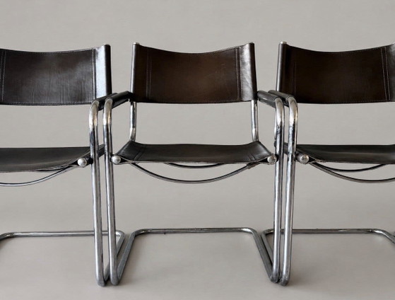 Image 1 of 6 vintage Mart Stam S34 armchairs for Linea Veam, Italy, dark chestnut brown leather