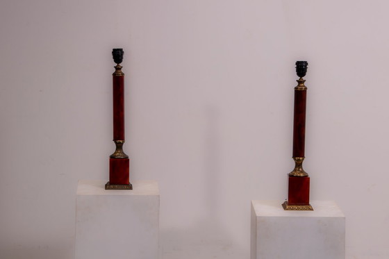 Image 1 of Set of French Empire style lamps made from amber bakelite and brass