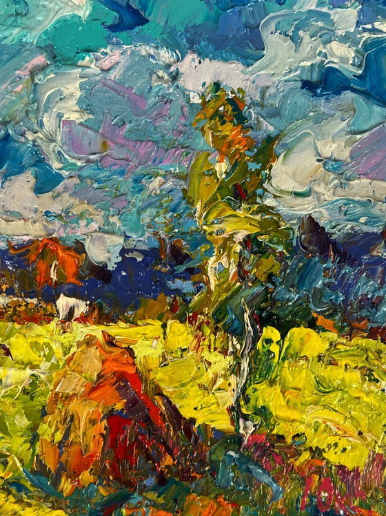 Image 1 of Pintura al óleo original: Paisaje natural de un prado. Ha llegado el principio del otoño.