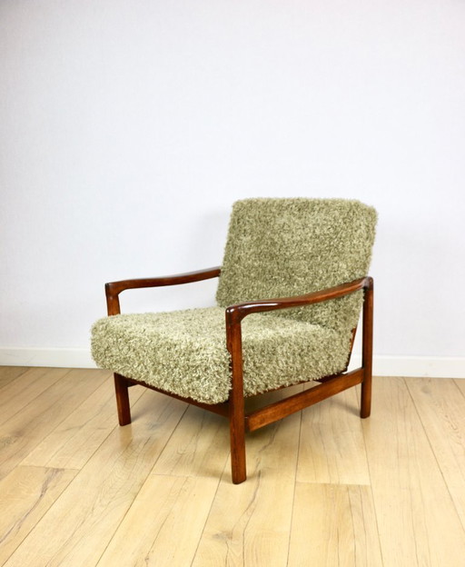Sillón vintage de madera marrón, pelo largo verde oliva, diseño de Z. Bączyk - 2 piezas disponibles