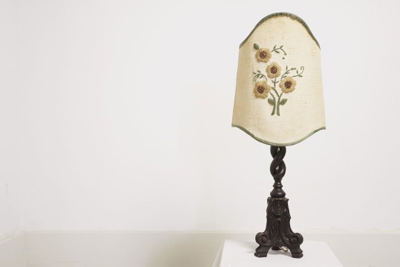 Image 1 of Vintage Carved Wood Barley Twist Lamp with Hand Embroidered Floral Shade and Acanthus Leaf Tripod Feet