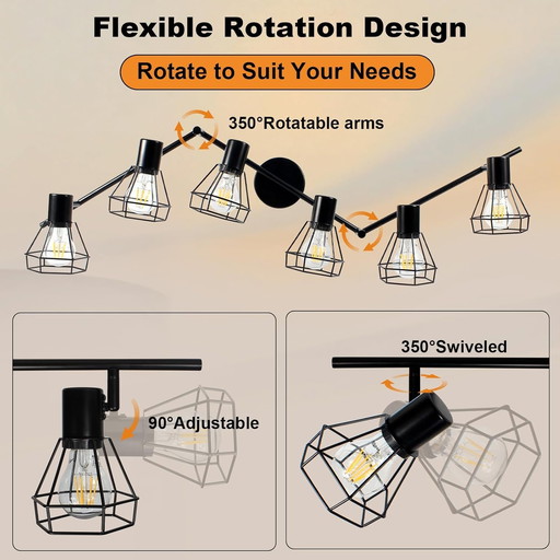 HiBay LED Ceiling Light 6 Spots E27 350° Swivel Vintage Ceiling Light for Living Room, Bedroom Ceiling Light