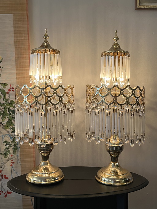 Set Of 2 Vintage Opaline Crystal Table Lamps Italian
