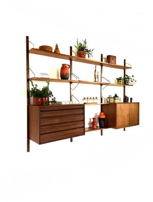 Vintage modulair teakhouten wandsysteem, Poul Cadovius ‘60 – wandkast, Wood, Brass