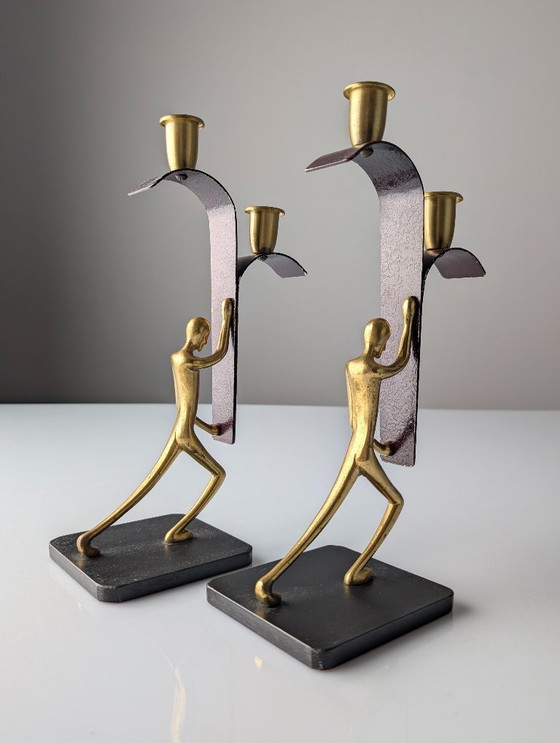 Image 1 of Pair Art Deco Bronze Candelabras by Karl Hagenauer, 1940s