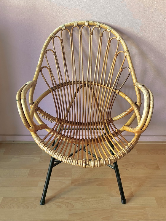 Image 1 of Vintage Bamboo Lounge Chair Rattan With Matching Stool Table Rohe Noordwolde Bamboo 1950