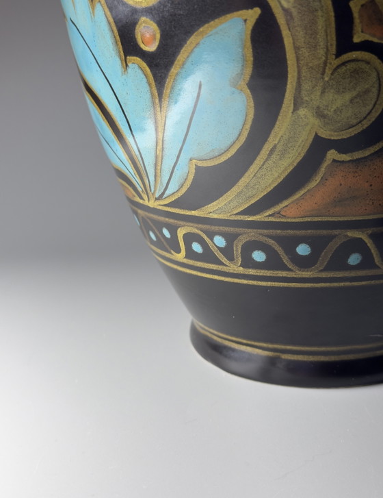 Image 1 of Royal Plateel Zuid-Holland “Lotea” Hand-Painted Lidded Vase
Gouda, The Netherlands, circa 1920s–1930s
