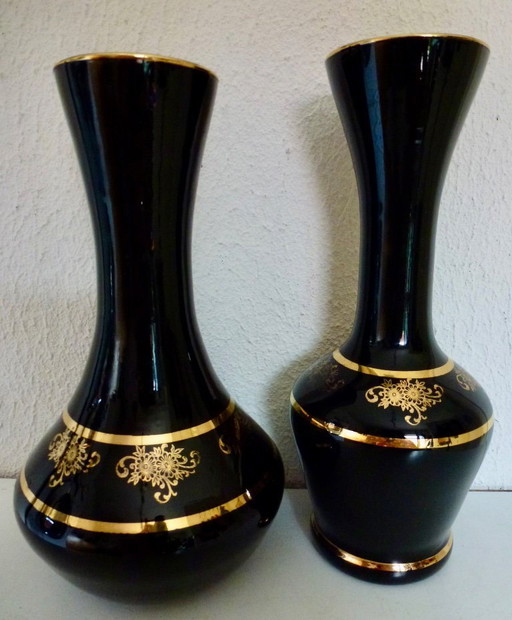 Original Tuscan Vintage black opaline vases with gold leaf and cameo, Italian.