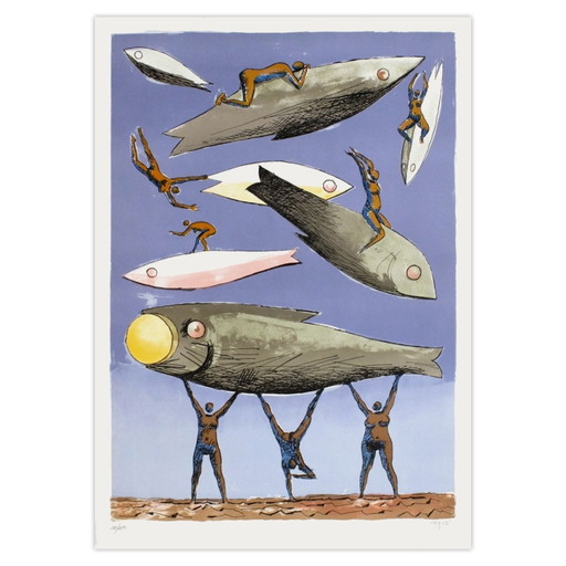 Hector Carybe Lithographie Signée Jeux De Poissons Sur L'Olympe (JO Barcelone) 199 – lithos zeefdrukken, Paper