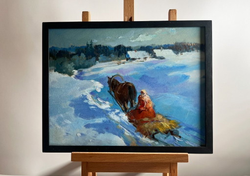 Original Oil Painting Winter Field Landscape Returning home on a winter evening