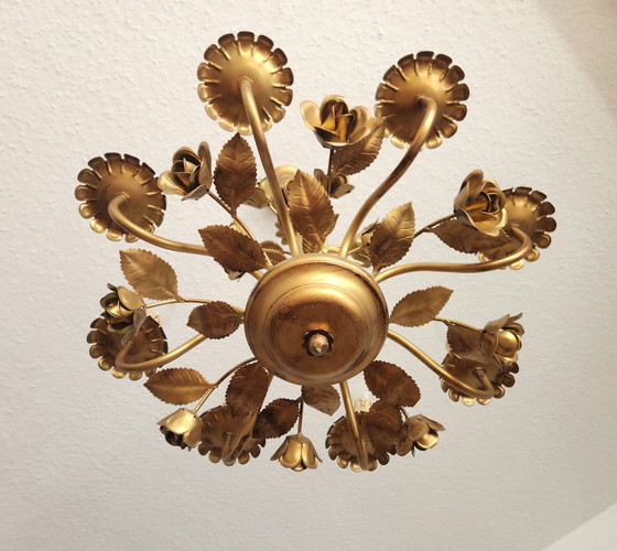German Hollywood Regency Honsel chandelier, 8-arm, gold-plated, floral, 1970s – Metal (photo 9 of 15)