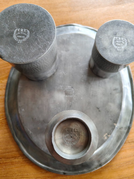 Image 1 of Set da fumo antico in peltro C.K.L. composto da 4 pezzi.
