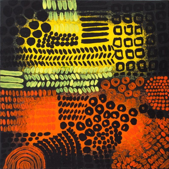 Image 1 of Orange, black and yellow abstract acrylic painting on stretched canvas