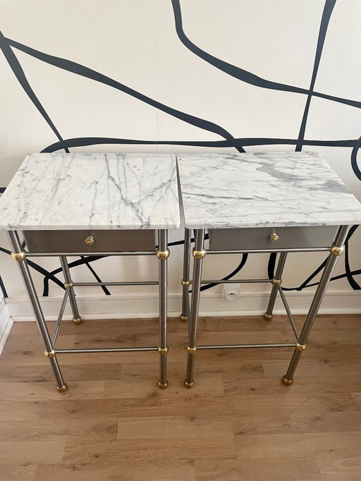Set de 2 tables d'appoint en marbre et laiton - Vintage chic