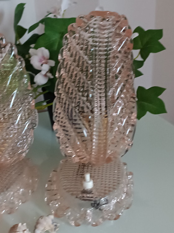 Image 1 of Seltenes Paar „Foglia“-Tischlampen von Barovier & Toso – Muranoglas – Rosa, 1960er Jahre