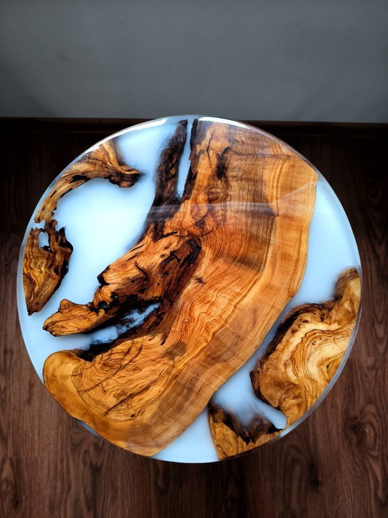 Image 1 of Handmade Olive Wood Epoxy Coffee Table with White Fog Resin