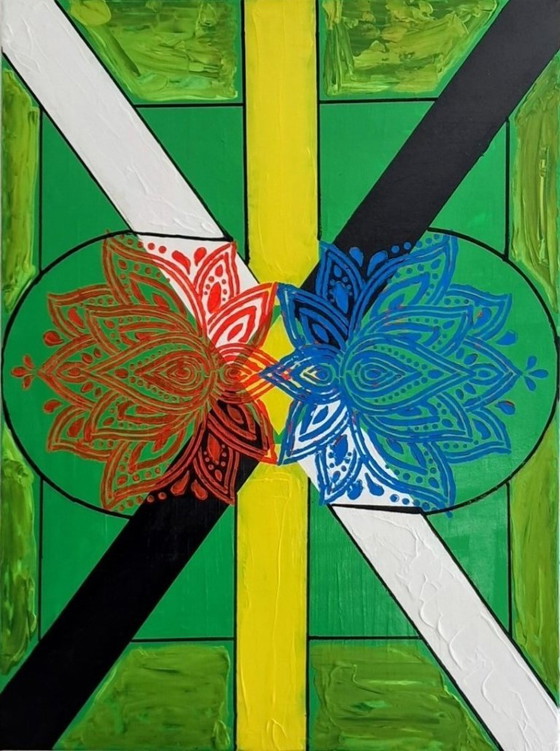 Image 1 of Enzo San Marco - Essentiële kleuren op een groene achtergrond - Schilderij van de kunstenaar