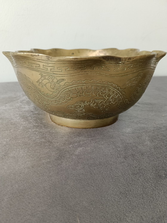 Image 1 of Chinese brass bowl (1kg) with dragons and Shou symbol