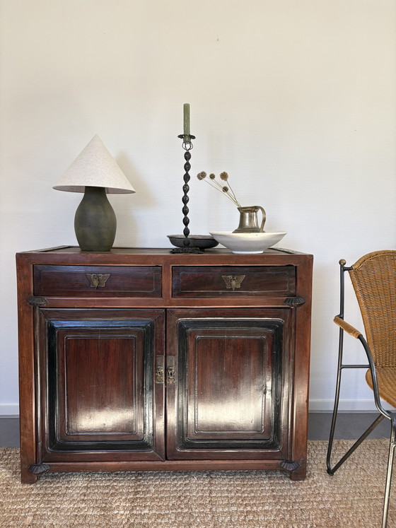 Image 1 of Antique Chinese lacquered wooden cabinet with drawers & doors