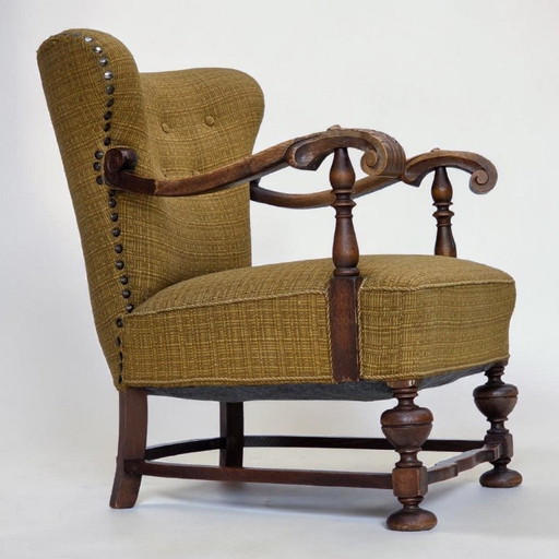 1960s Danish Armchair, Original Green Furniture Wool, Carved Oak Wood
