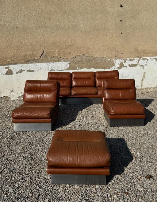 Complete living room set in brushed aluminum and brown leather, France 1970
