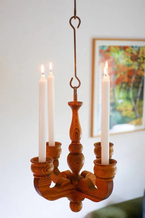 Image 1 of Bougeoir lustre suspendu rustique en bois de Smålandsslöjd, Suède, 1975
