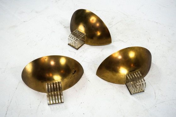 Image 1 of Set of three Italian Deco-style brass wall sconces, Italy 1970s