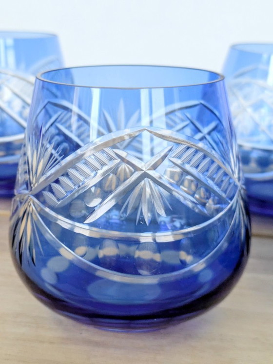 Image 1 of Vintage Cobalt Blue Cut Glass Goblets, Römer Style, Set of 4