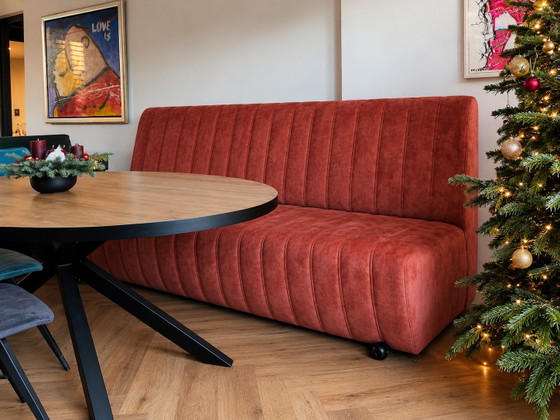 Terracotta dining bench | 230 cm | Design bench, Haco, 3-5 seaters, Metal, Textile, Orange, Modern (photo 7 of 7)