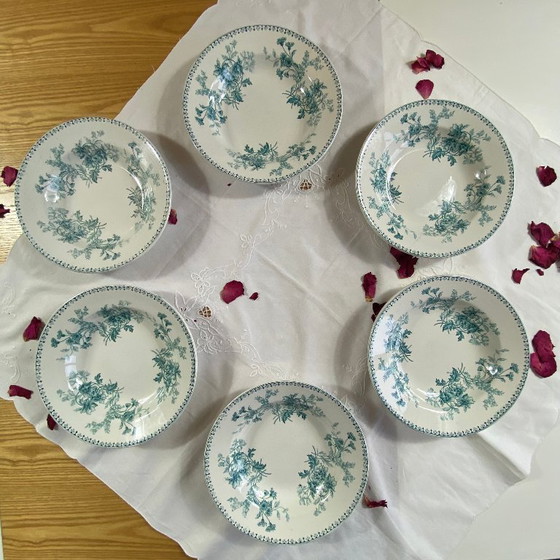 Image 1 of Set of 6 antique Sarreguemines ironstone soup plates, Elvire pattern, green and blue