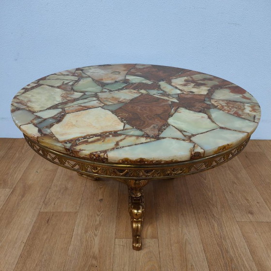 Round Vintage Regency Coffee Table with Marble Onyx Top 89cm – Brass (photo 2 of 10)