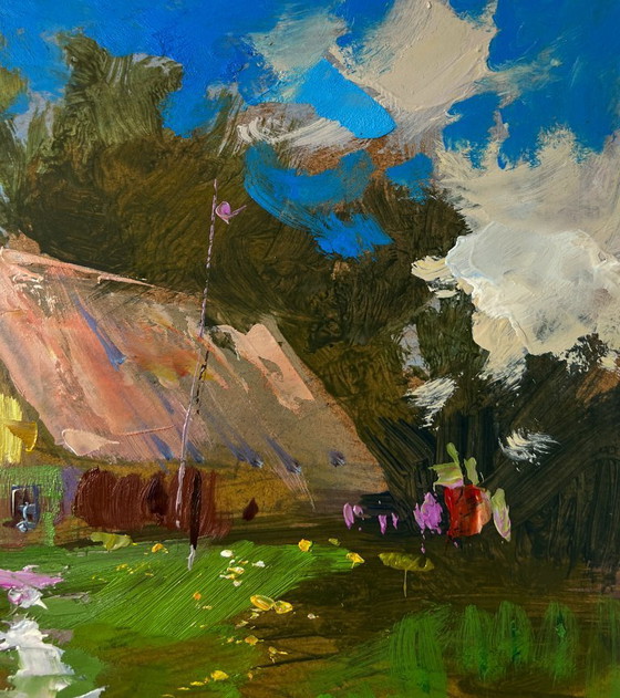 Image 1 of Original Oil Painting Summer Village Landscape Quiet Conversations of Girls