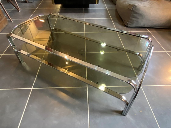 Image 1 of Table basse double plateau verre chrome style Bauhaus vintage 1970