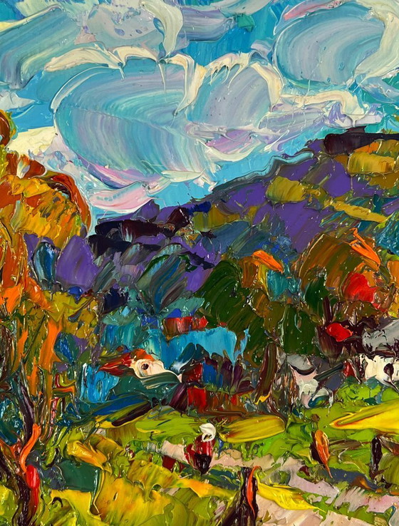 Image 1 of Original Oil Painting Nature Landscape A Village at the Foot of the Mountains