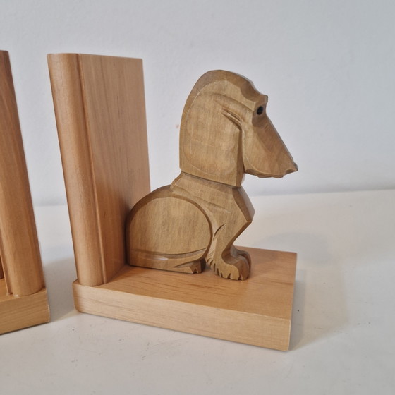 Image 1 of Set di fermalibri vintage a forma di bassotto, fermalibri in legno anni '60, bassotto