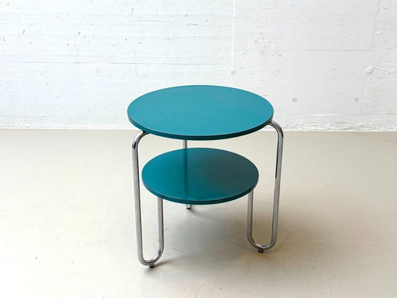 Image 1 of Bauhaus loop table with petrol-colored Resopal coating, 1960s