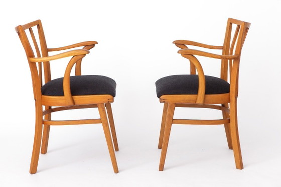Pair of Vintage Beechwood Armchairs, 1960s–1970s, Dark Blue Upholstery, Mid-Century Modern Dining Chairs (photo 4 of 7)