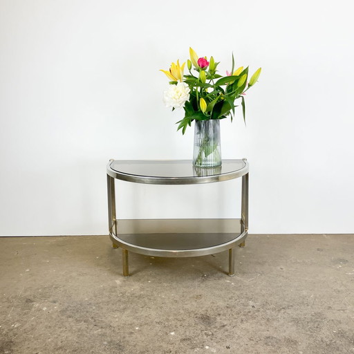 Table d'appoint, structure métallique avec 2 plateaux en verre fumé, années 1970
