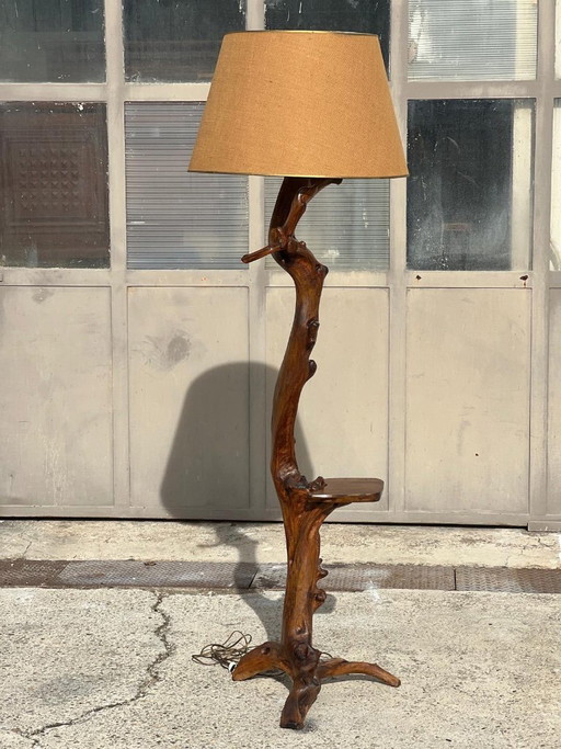 Natural wood Floor light with brown lampshade