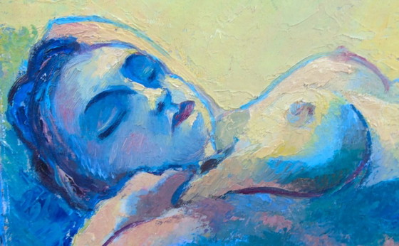 Image 1 of Origineel vintage olieverfschilderij "Nu Couché" Expressionistische liggende naaktfiguur op paneel
