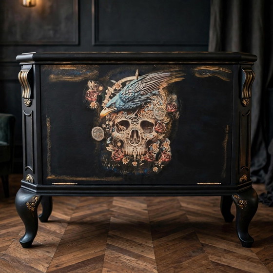 Queen Anne Barkastje / Drankkastje Met Glasplaat En Spiegel - Upcycled Zwart Goud Gothic – Drankenkasten, Wood (photo 4 of 6)